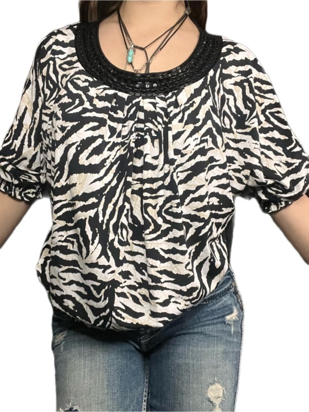 Style & Co Black & White Zebra Beaded Neck Dolman Top – Size L – Like New